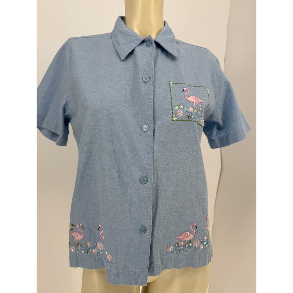 Vintage Flamingo Embroidered Beaded Short Sleeve Button Down Boxy Top Blue PM‎